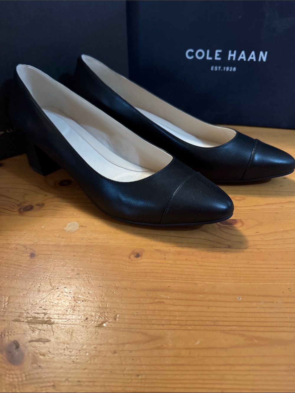 Cole Haan Black Leather Soft Pointed Toe Block Heel Pumps